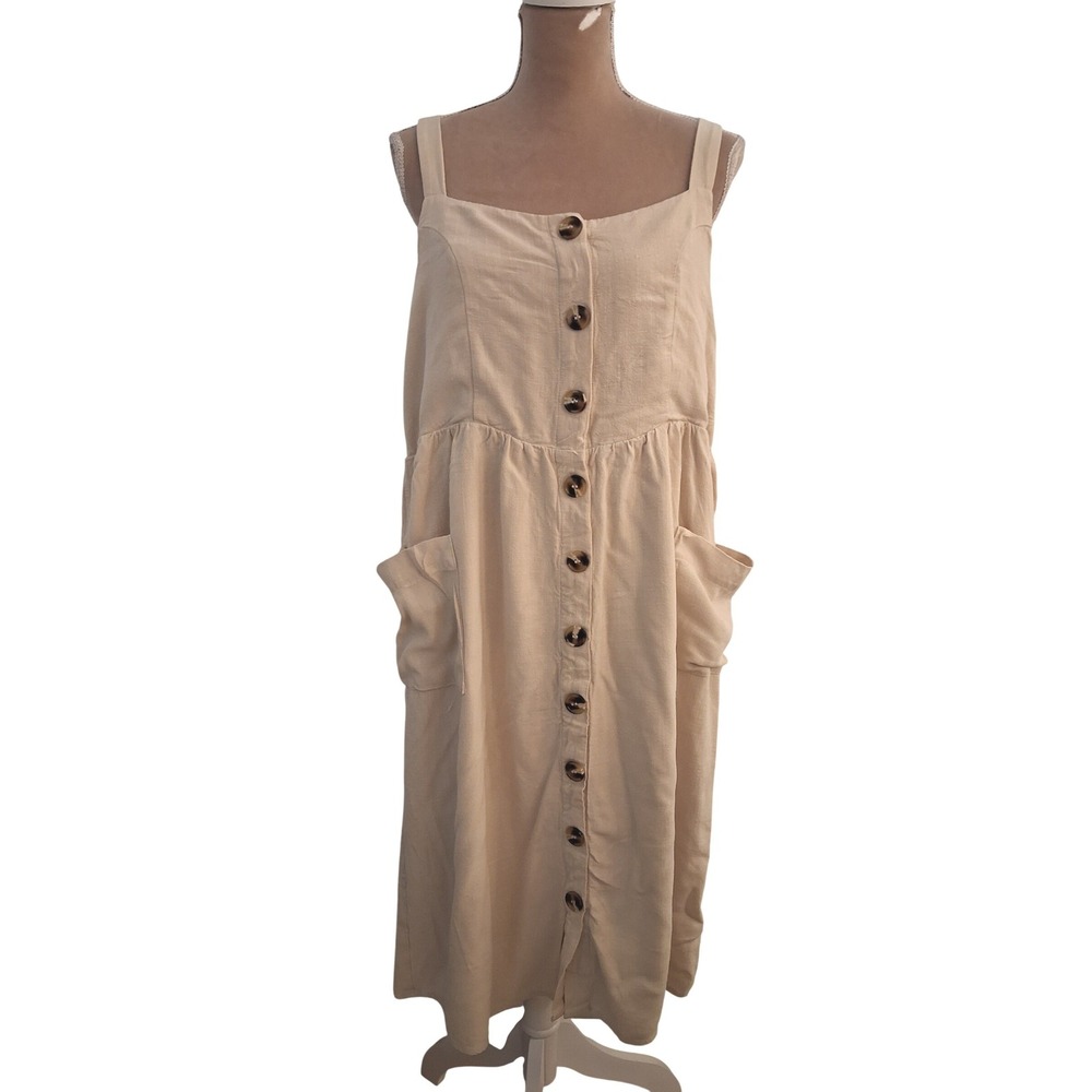 The Main Street Exchange Linen Blend Button Front Midi Dress Beige XL Pockets